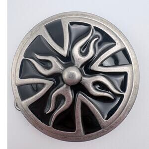 Silver-Tone and Black Enamel Turning Hot Rod Wheel Belt Buckle